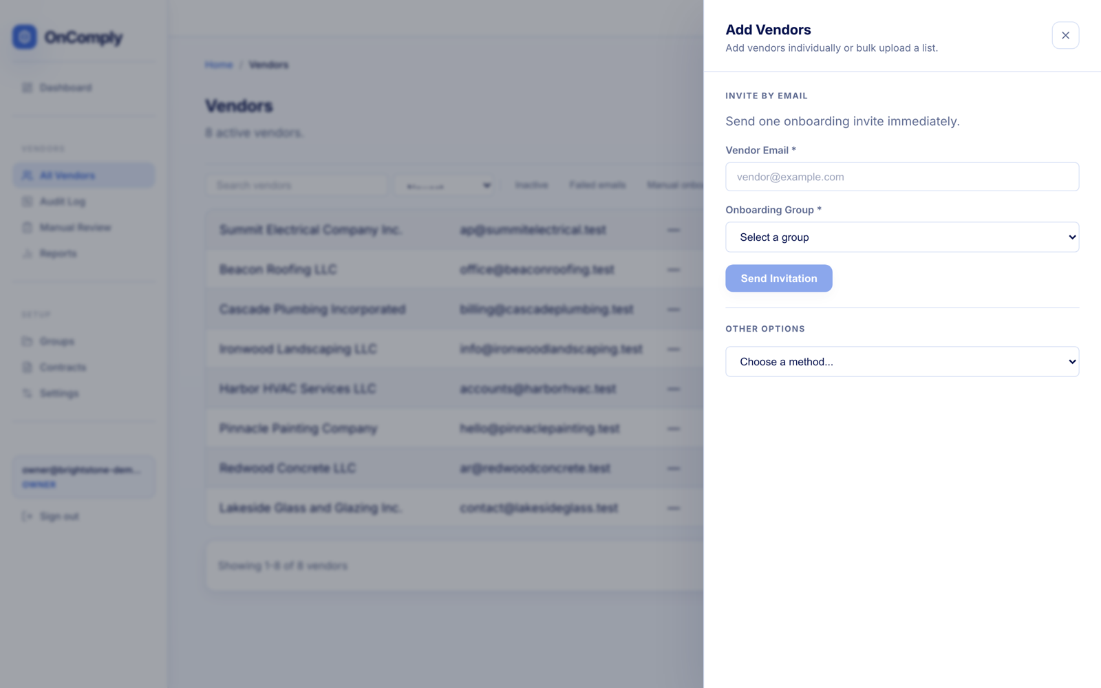 The Add Vendors drawer in OnComply with invite by email, onboarding group selection, and other invite methods