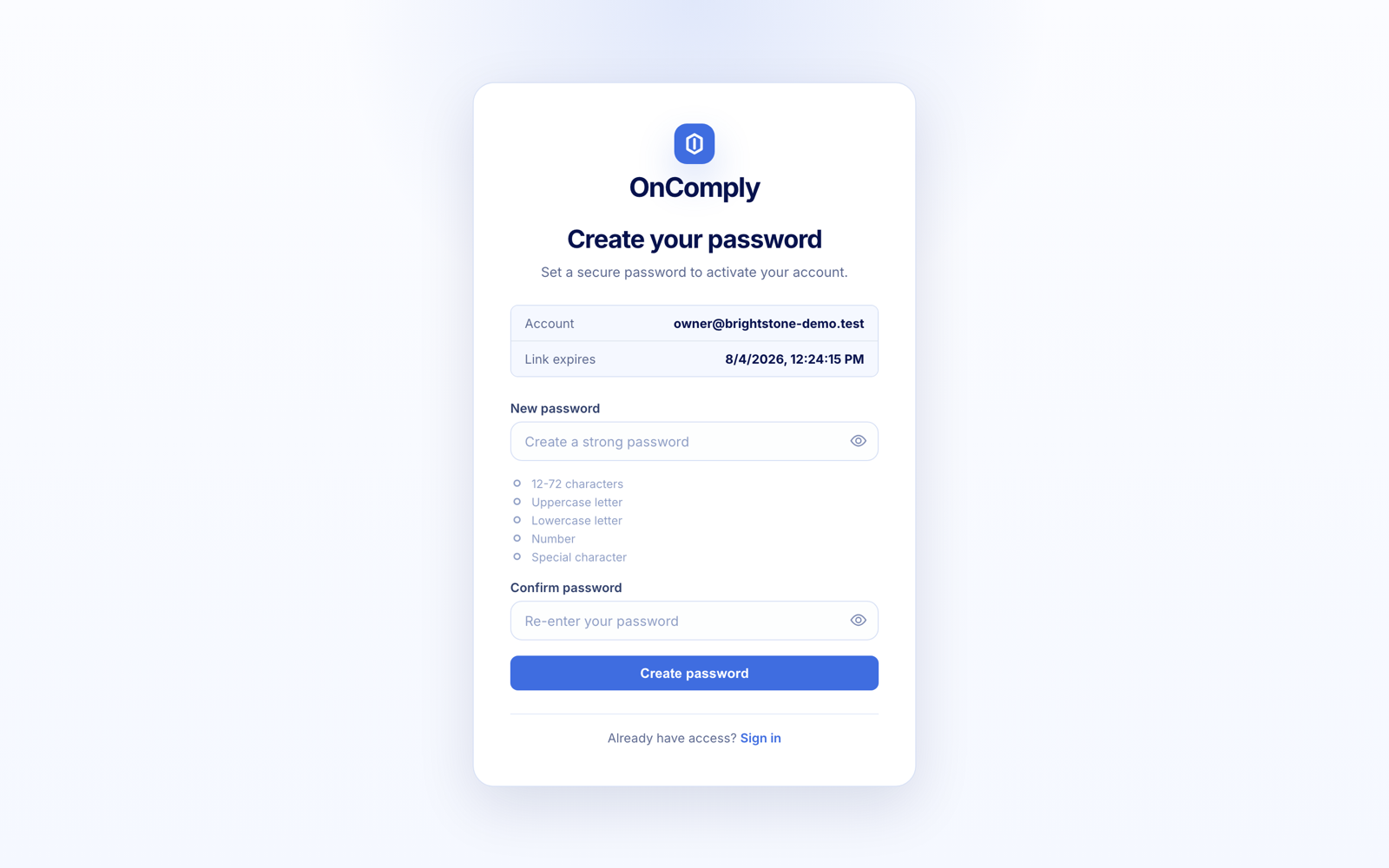 OnComply password setup screen showing the account email, password rules checklist, and Create password button