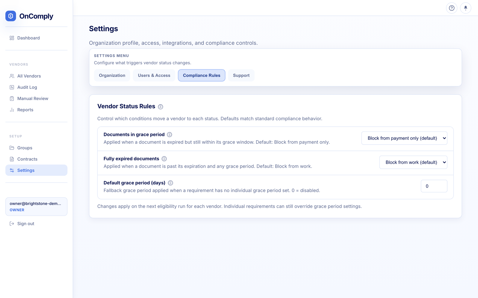OnComply Settings page showing Vendor Status Rules with grace period and expired document controls