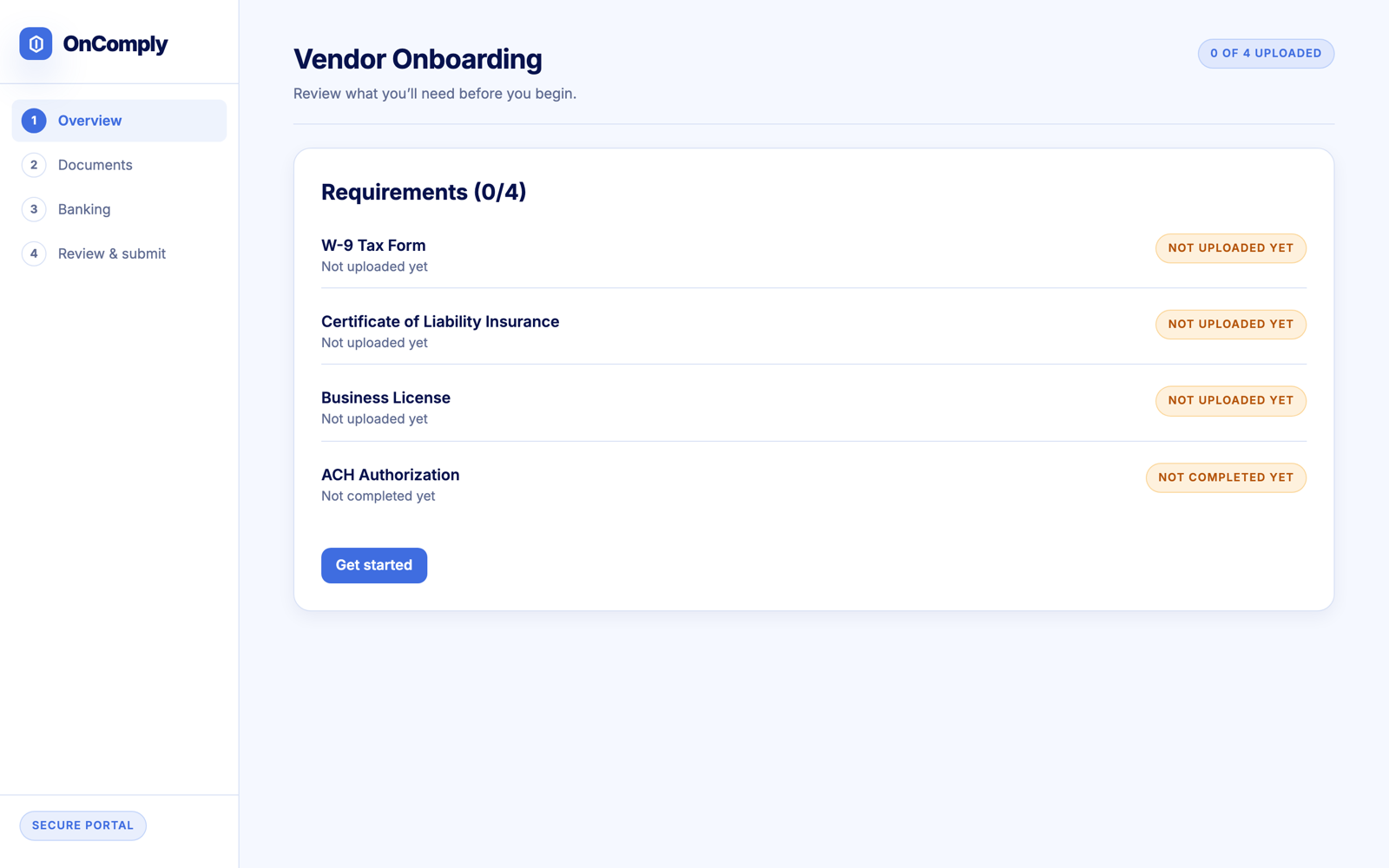 The OnComply vendor portal overview listing each requirement with its status and a Get started button